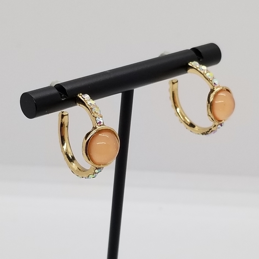 gold tone hoop earrings with pink cabochon and AB rhinestones